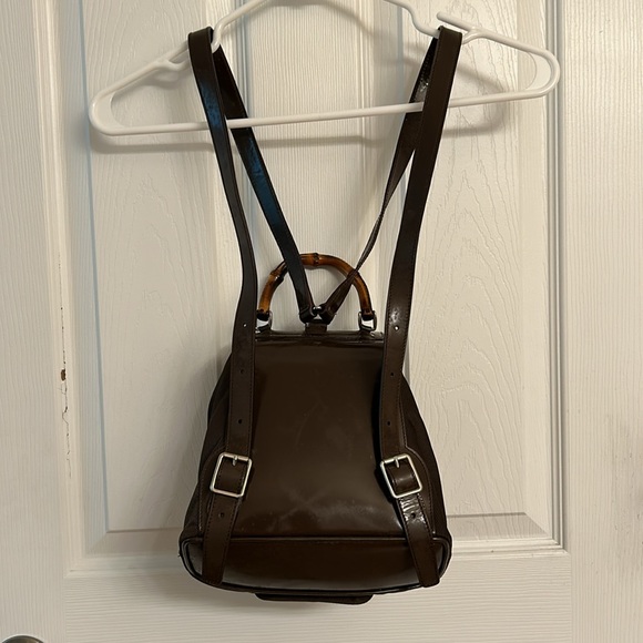 Vintage Gucci Brown Backpack Bamboo Handle Nylon Leather Adjustable Straps